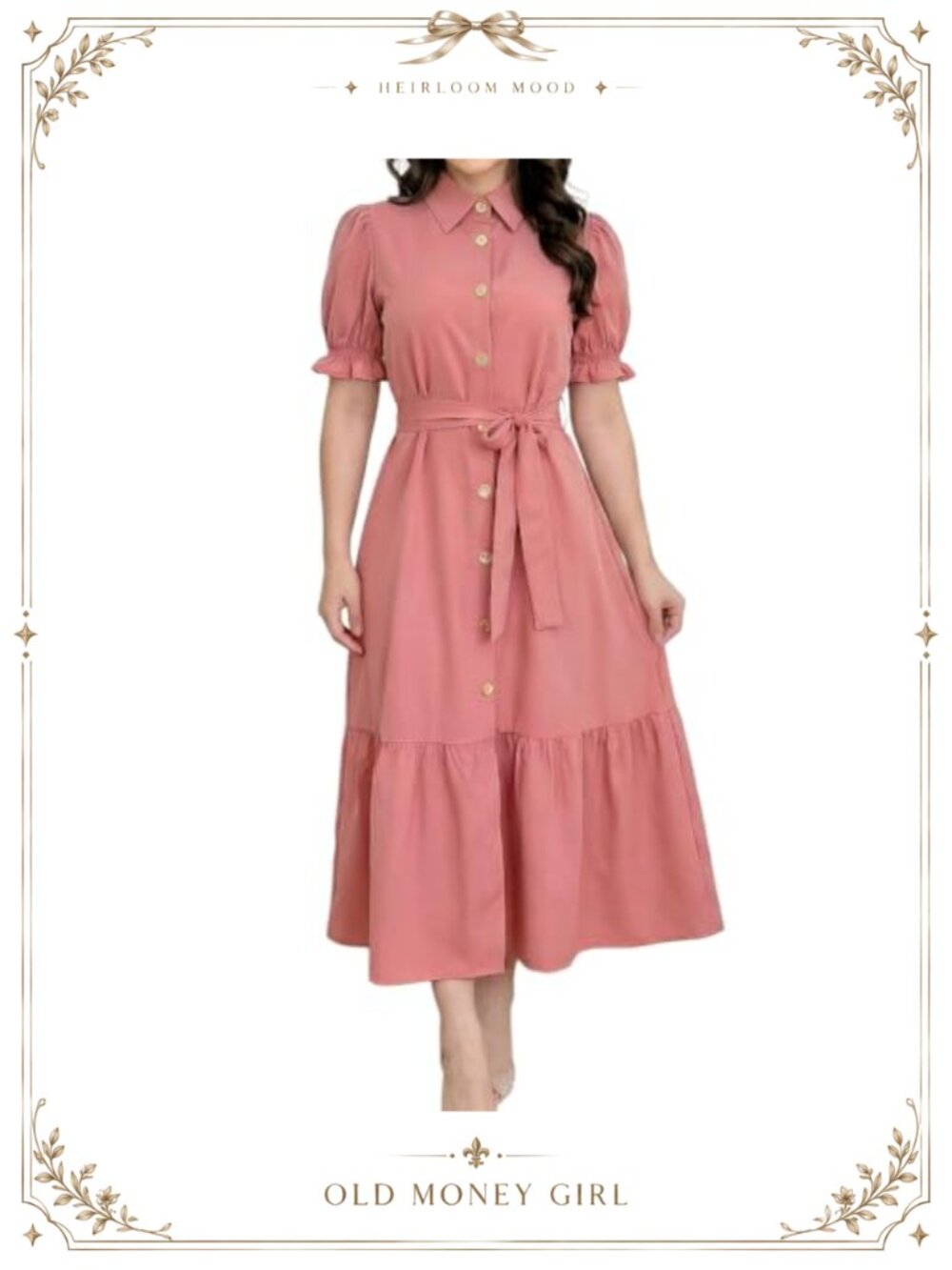 Puff Sleeve Button-Down Belted Midi Shirt Dress Tiered Collared